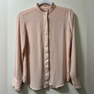 Loft Button Down Blouse Ruffle Neck Long Sleeve Pink Women's XXS